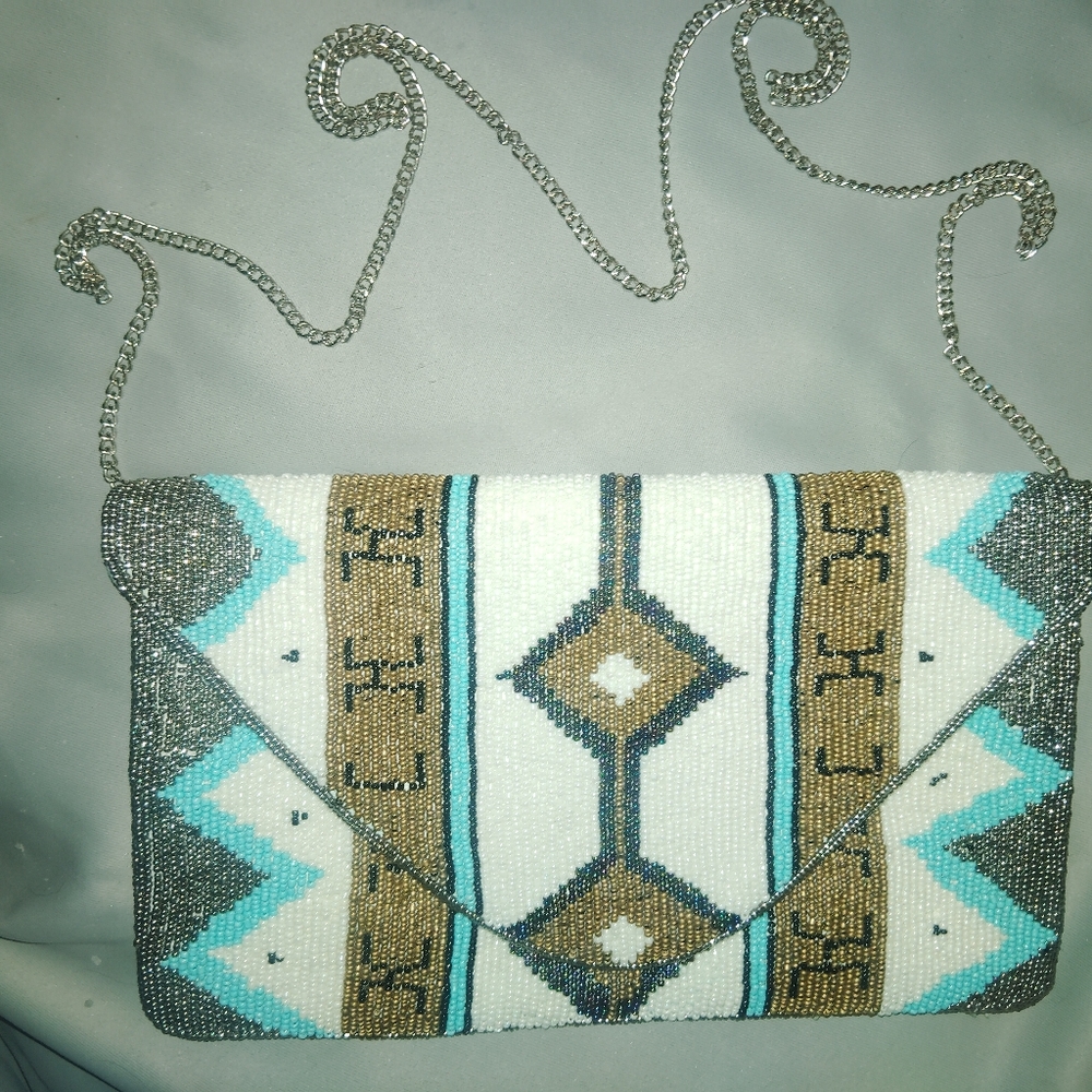 Francesca's Collections Beaded Clutch in White, Tan, and Blue